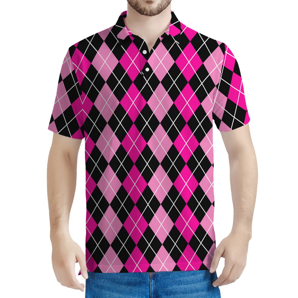 Deep Pink And Black Argyle Pattern Print Men's Polo Shirt
