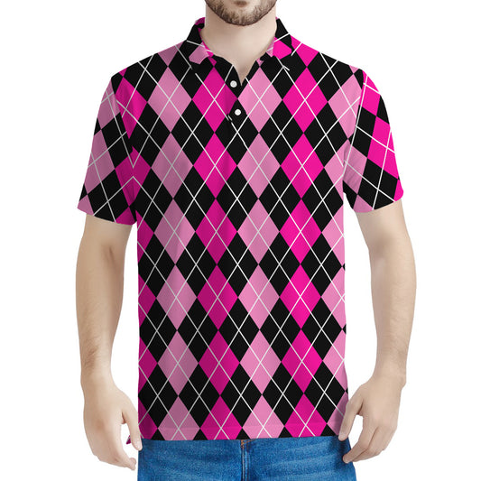 Deep Pink And Black Argyle Pattern Print Men's Polo Shirt