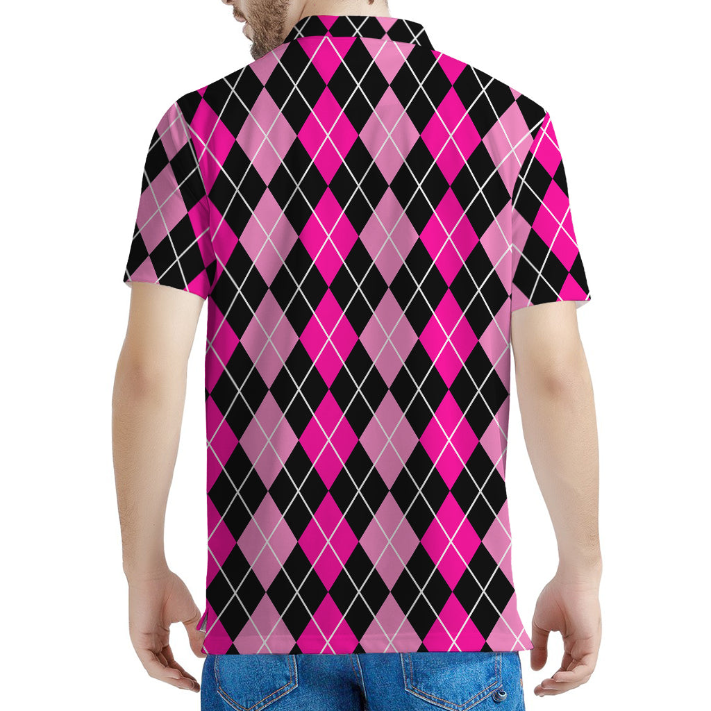 Deep Pink And Black Argyle Pattern Print Men's Polo Shirt
