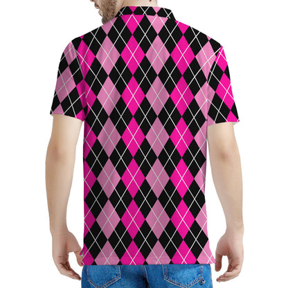 Deep Pink And Black Argyle Pattern Print Men's Polo Shirt