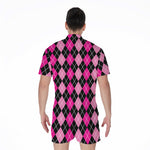Deep Pink And Black Argyle Pattern Print Men's Rompers