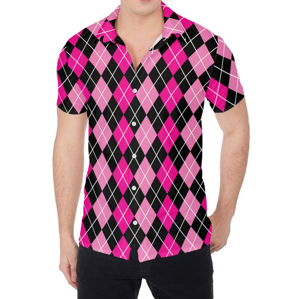 Deep Pink And Black Argyle Pattern Print Men's Shirt