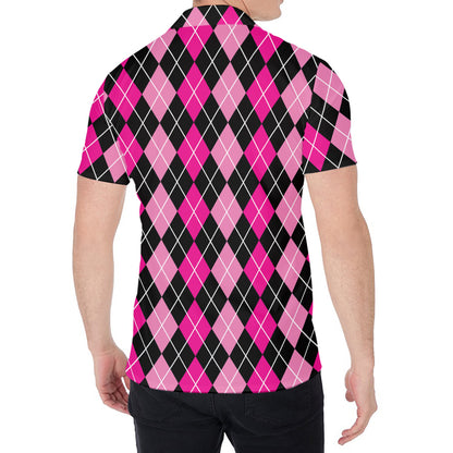 Deep Pink And Black Argyle Pattern Print Men's Shirt