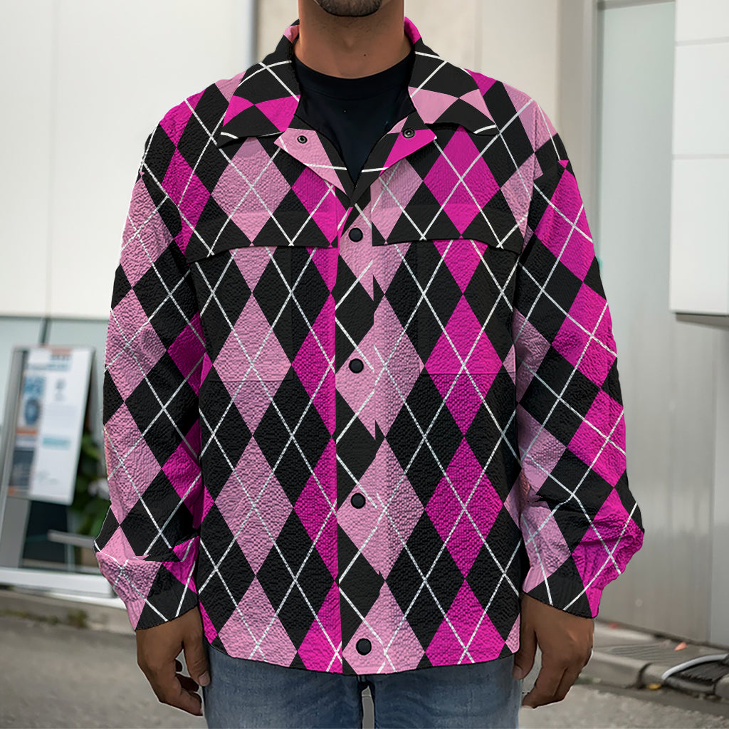 Deep Pink And Black Argyle Pattern Print Men's Shirt Jacket