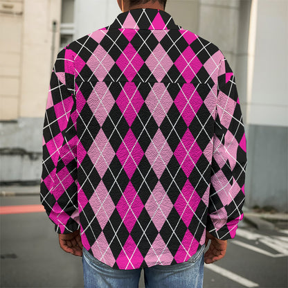 Deep Pink And Black Argyle Pattern Print Men's Shirt Jacket