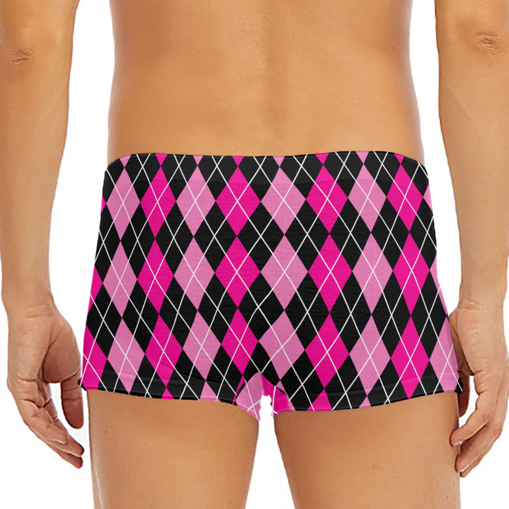 Deep Pink And Black Argyle Pattern Print Men's Short Boxer Briefs