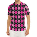 Deep Pink And Black Argyle Pattern Print Men's Short Sleeve Rash Guard