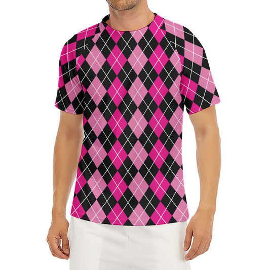Deep Pink And Black Argyle Pattern Print Men's Short Sleeve Rash Guard