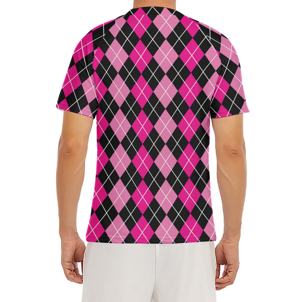 Deep Pink And Black Argyle Pattern Print Men's Short Sleeve Rash Guard