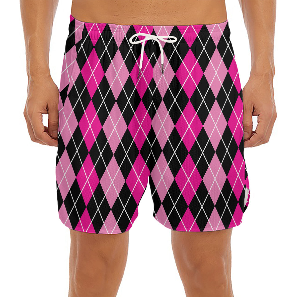 Deep Pink And Black Argyle Pattern Print Men's Split Running Shorts