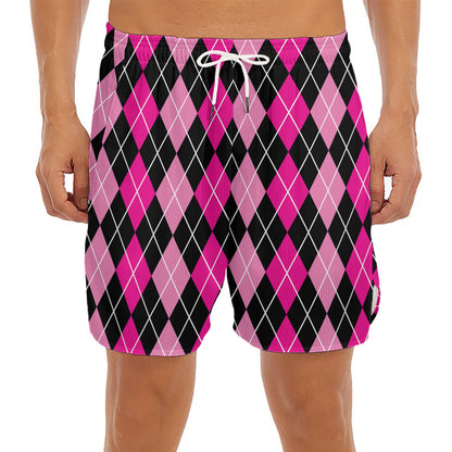Deep Pink And Black Argyle Pattern Print Men's Split Running Shorts