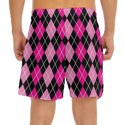 Deep Pink And Black Argyle Pattern Print Men's Split Running Shorts