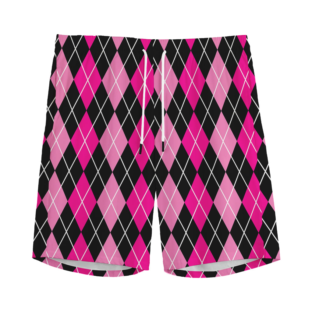 Deep Pink And Black Argyle Pattern Print Men's Sports Shorts