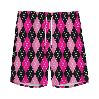 Deep Pink And Black Argyle Pattern Print Men's Sports Shorts