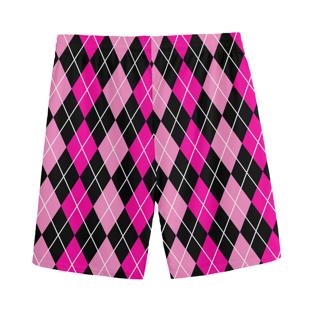 Deep Pink And Black Argyle Pattern Print Men's Sports Shorts