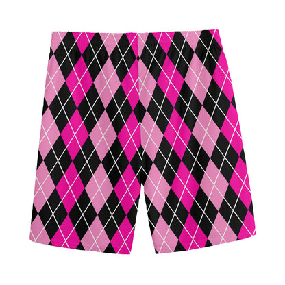 Deep Pink And Black Argyle Pattern Print Men's Sports Shorts