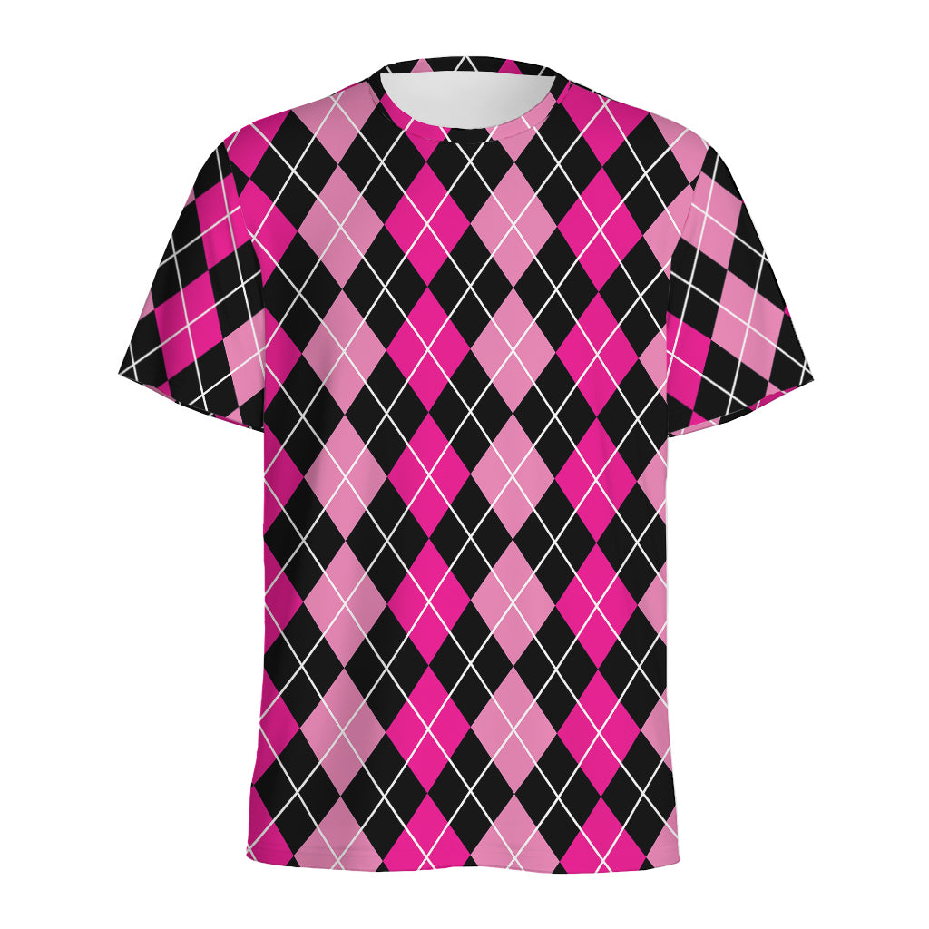 Deep Pink And Black Argyle Pattern Print Men's Sports T-Shirt