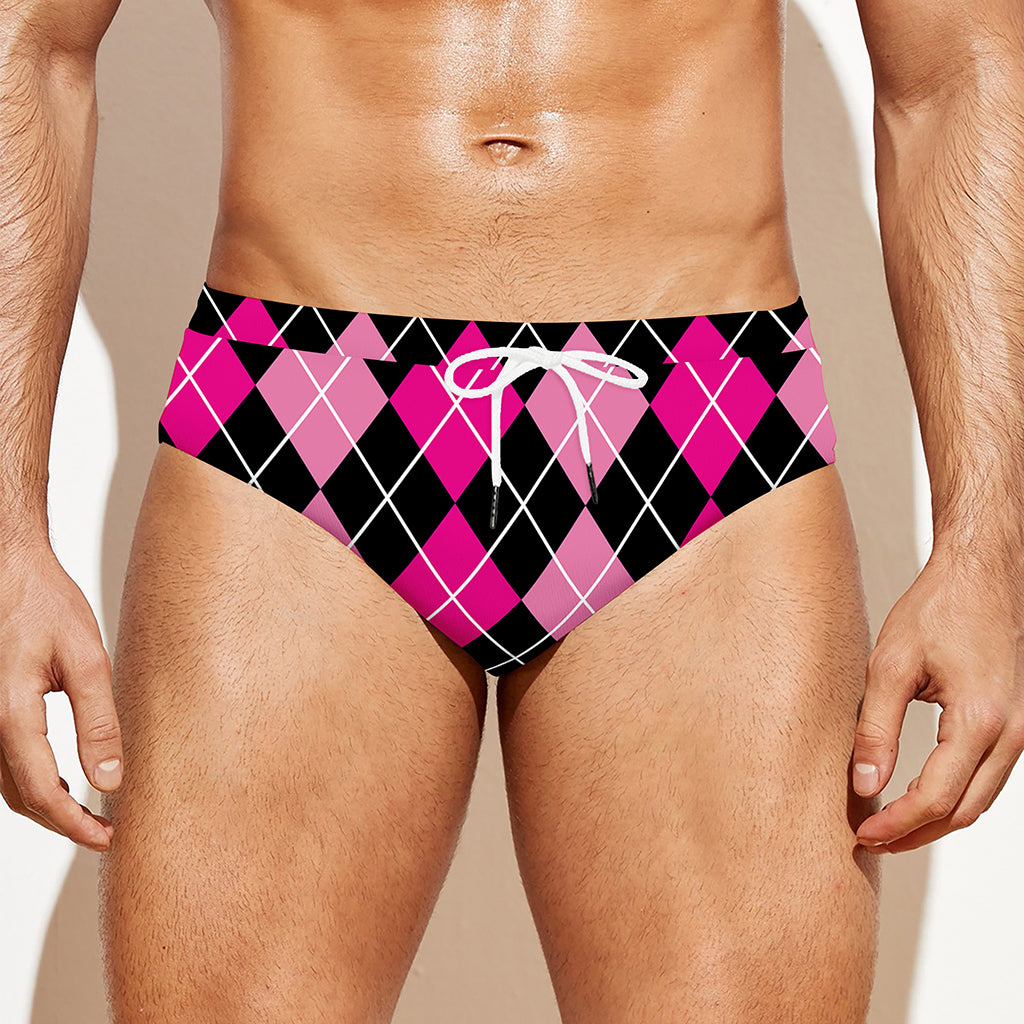 Deep Pink And Black Argyle Pattern Print Men's Swim Briefs