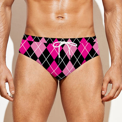 Deep Pink And Black Argyle Pattern Print Men's Swim Briefs