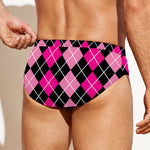 Deep Pink And Black Argyle Pattern Print Men's Swim Briefs