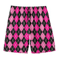 Deep Pink And Black Argyle Pattern Print Men's Swim Trunks