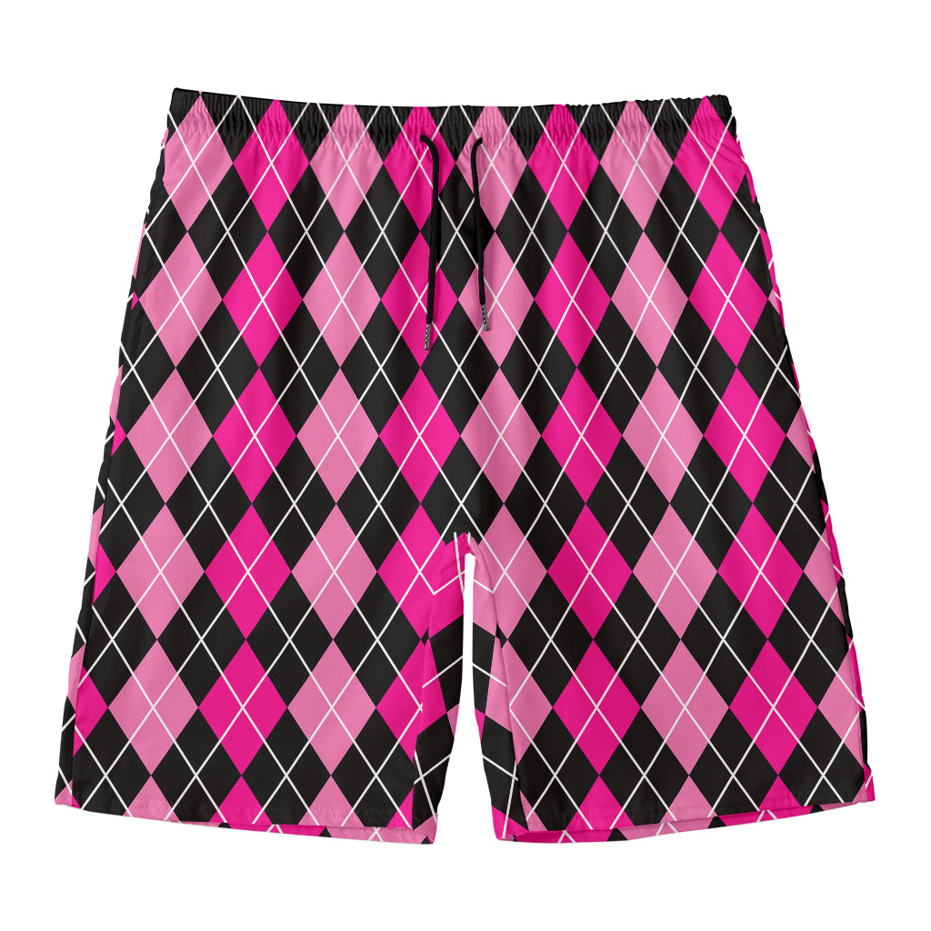 Deep Pink And Black Argyle Pattern Print Men's Swim Trunks