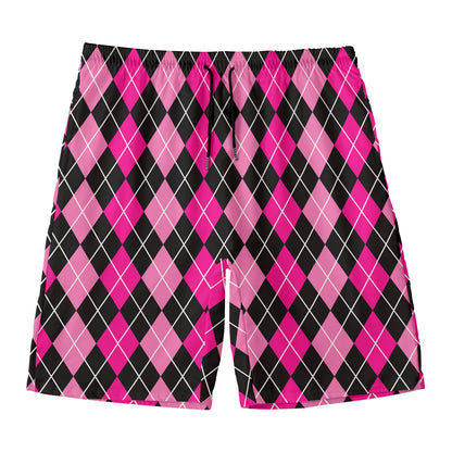 Deep Pink And Black Argyle Pattern Print Men's Swim Trunks
