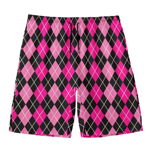 Deep Pink And Black Argyle Pattern Print Men's Swim Trunks