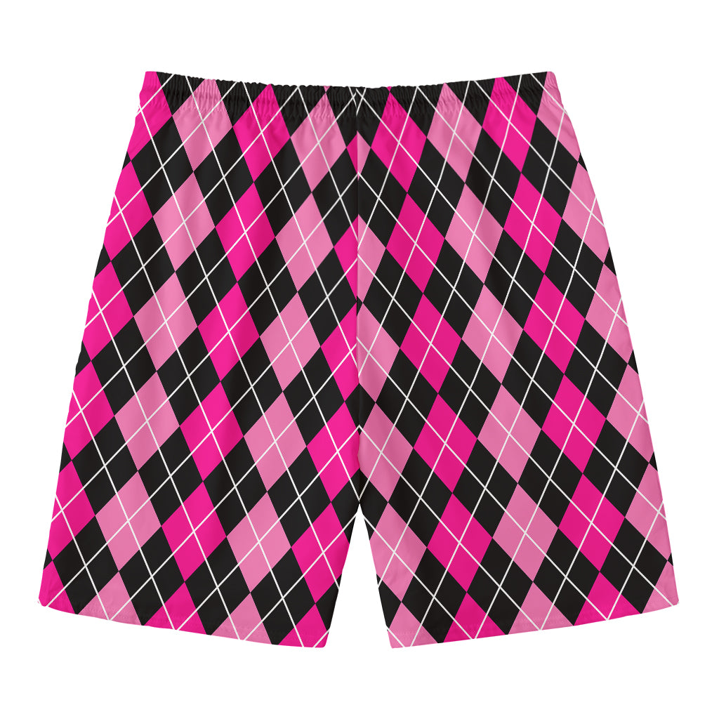 Deep Pink And Black Argyle Pattern Print Men's Swim Trunks