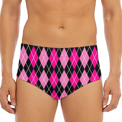 Deep Pink And Black Argyle Pattern Print Men's Triangle Swim Briefs