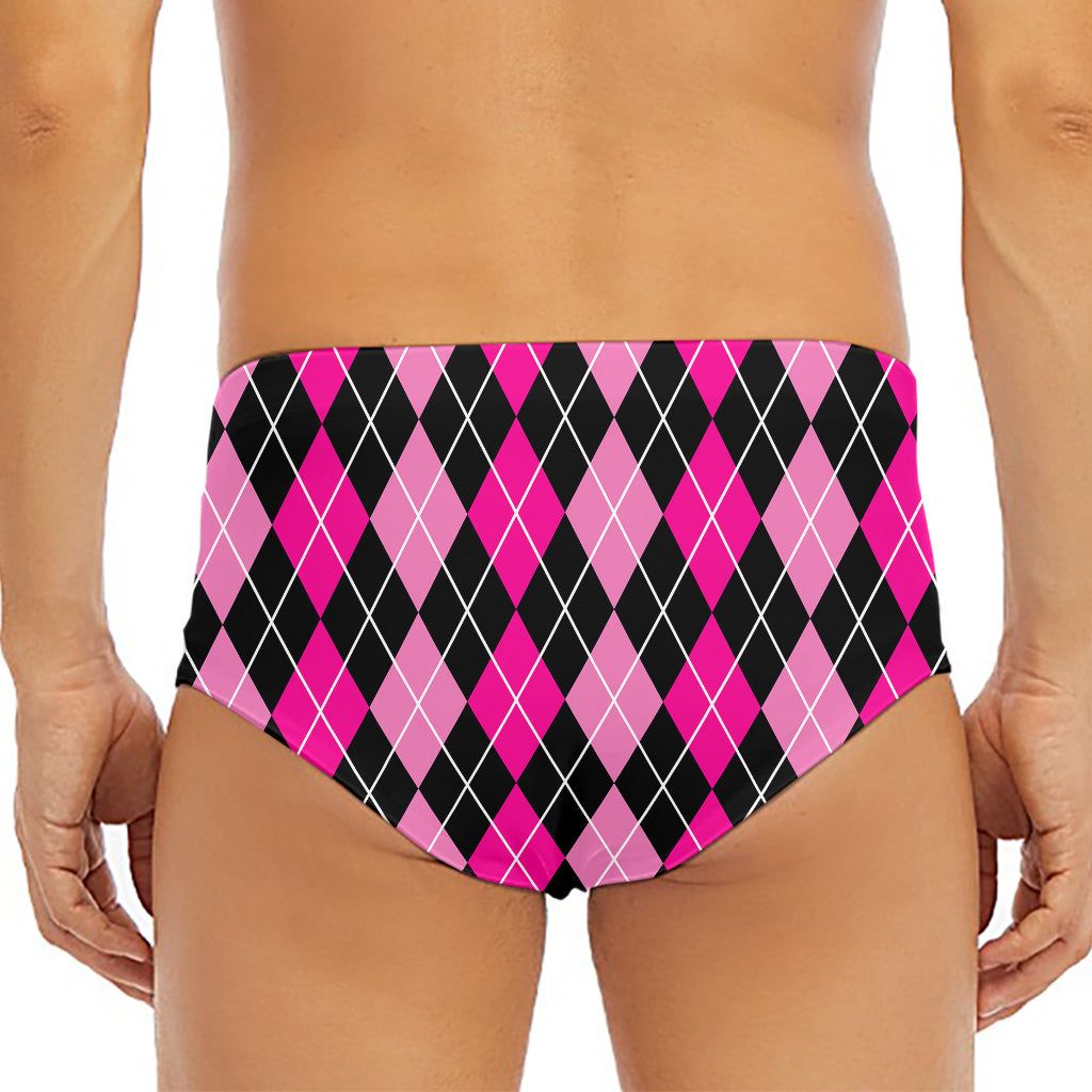 Deep Pink And Black Argyle Pattern Print Men's Triangle Swim Briefs