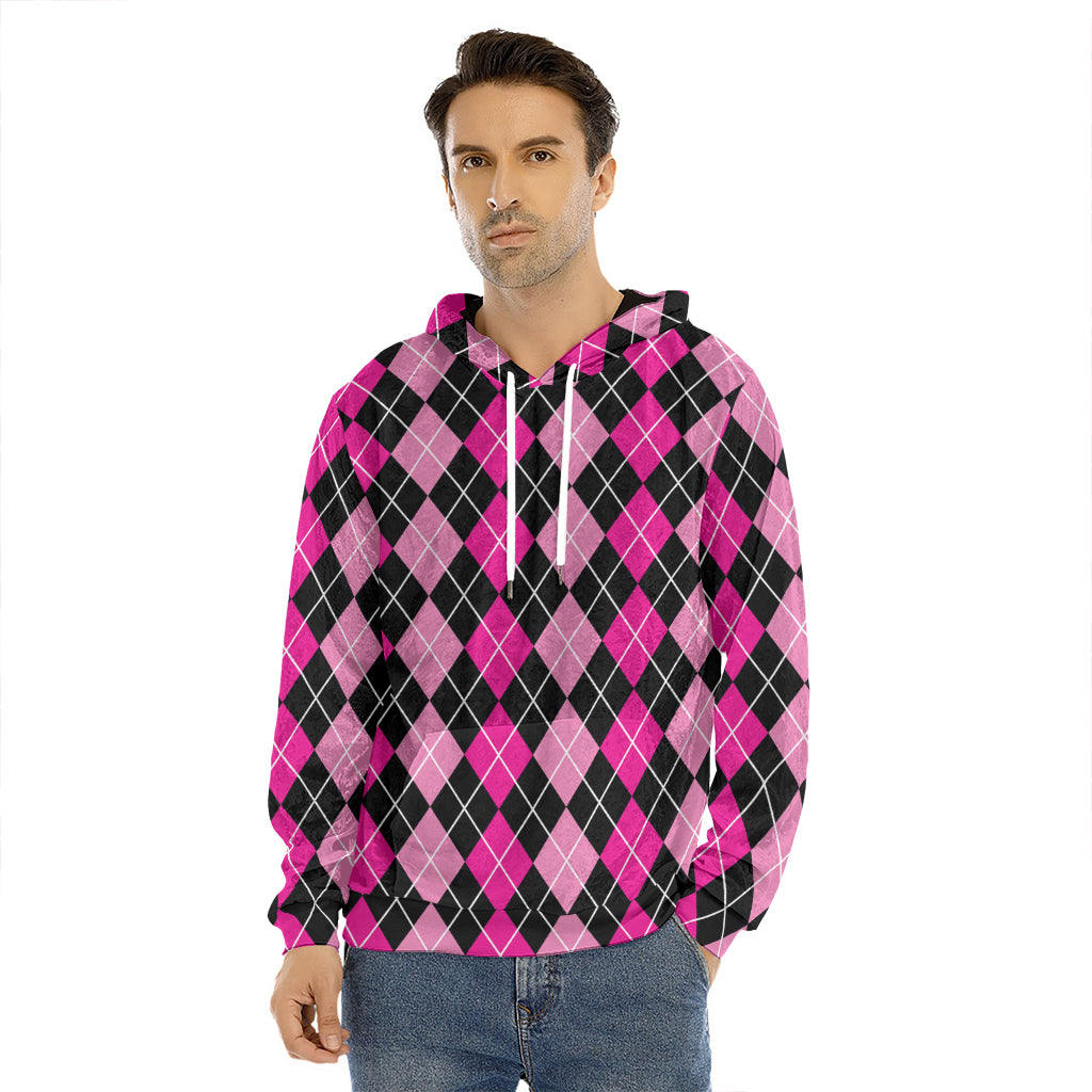 Deep Pink And Black Argyle Pattern Print Men's Velvet Pullover Hoodie