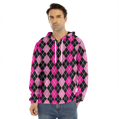 Deep Pink And Black Argyle Pattern Print Men's Velvet Pullover Hoodie