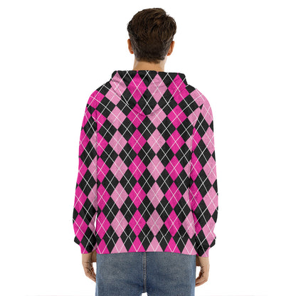 Deep Pink And Black Argyle Pattern Print Men's Velvet Pullover Hoodie