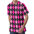 Deep Pink And Black Argyle Pattern Print Men's Velvet T-Shirt