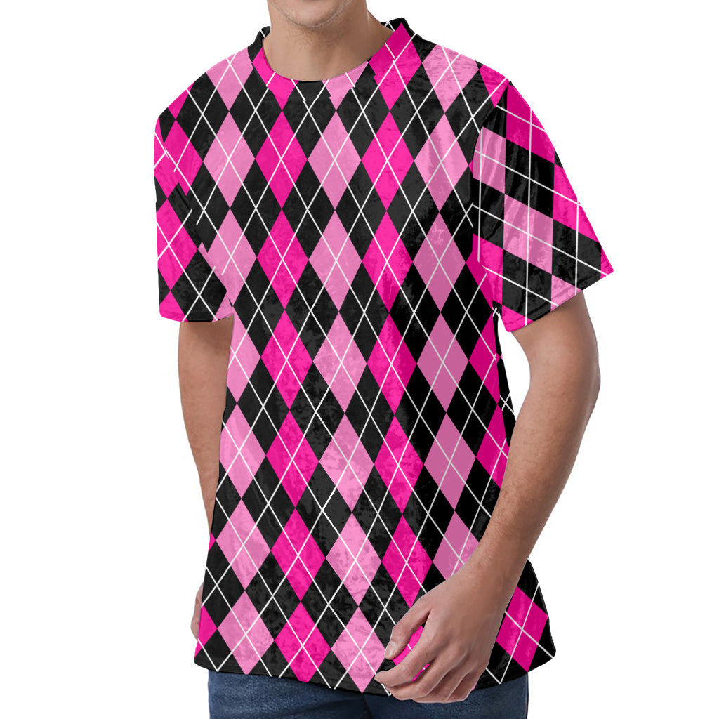 Deep Pink And Black Argyle Pattern Print Men's Velvet T-Shirt