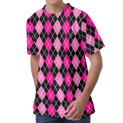 Deep Pink And Black Argyle Pattern Print Men's Velvet T-Shirt