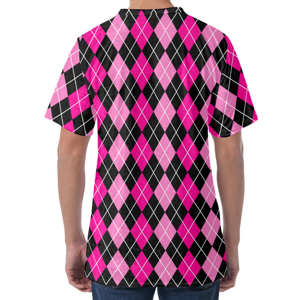 Deep Pink And Black Argyle Pattern Print Men's Velvet T-Shirt
