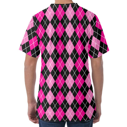 Deep Pink And Black Argyle Pattern Print Men's Velvet T-Shirt