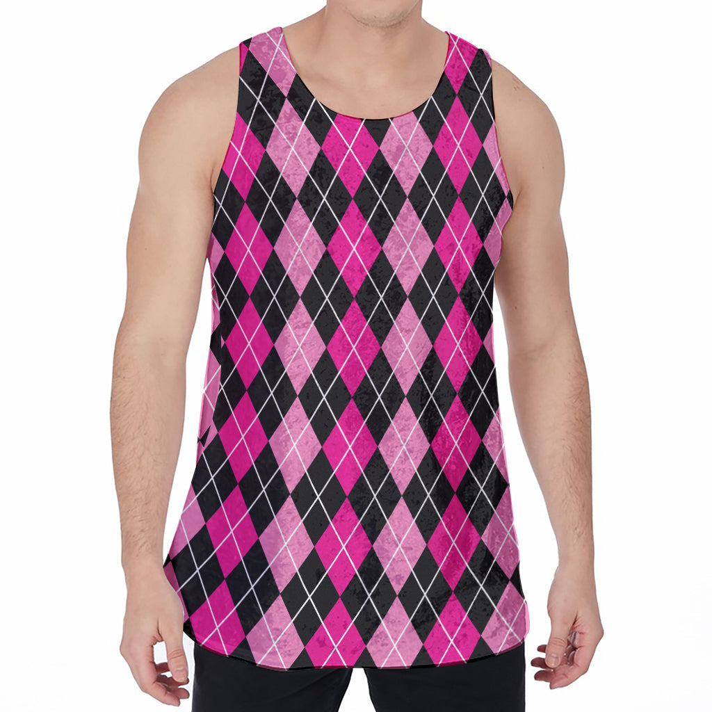 Deep Pink And Black Argyle Pattern Print Men's Velvet Tank Top