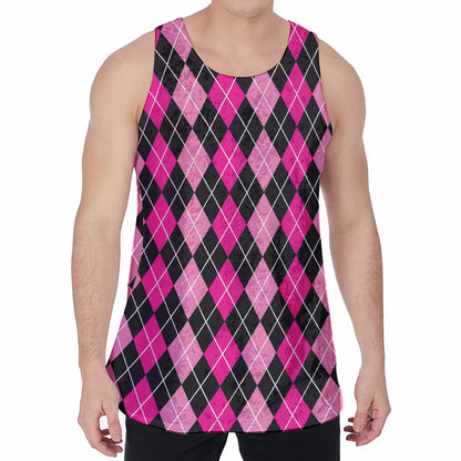 Deep Pink And Black Argyle Pattern Print Men's Velvet Tank Top