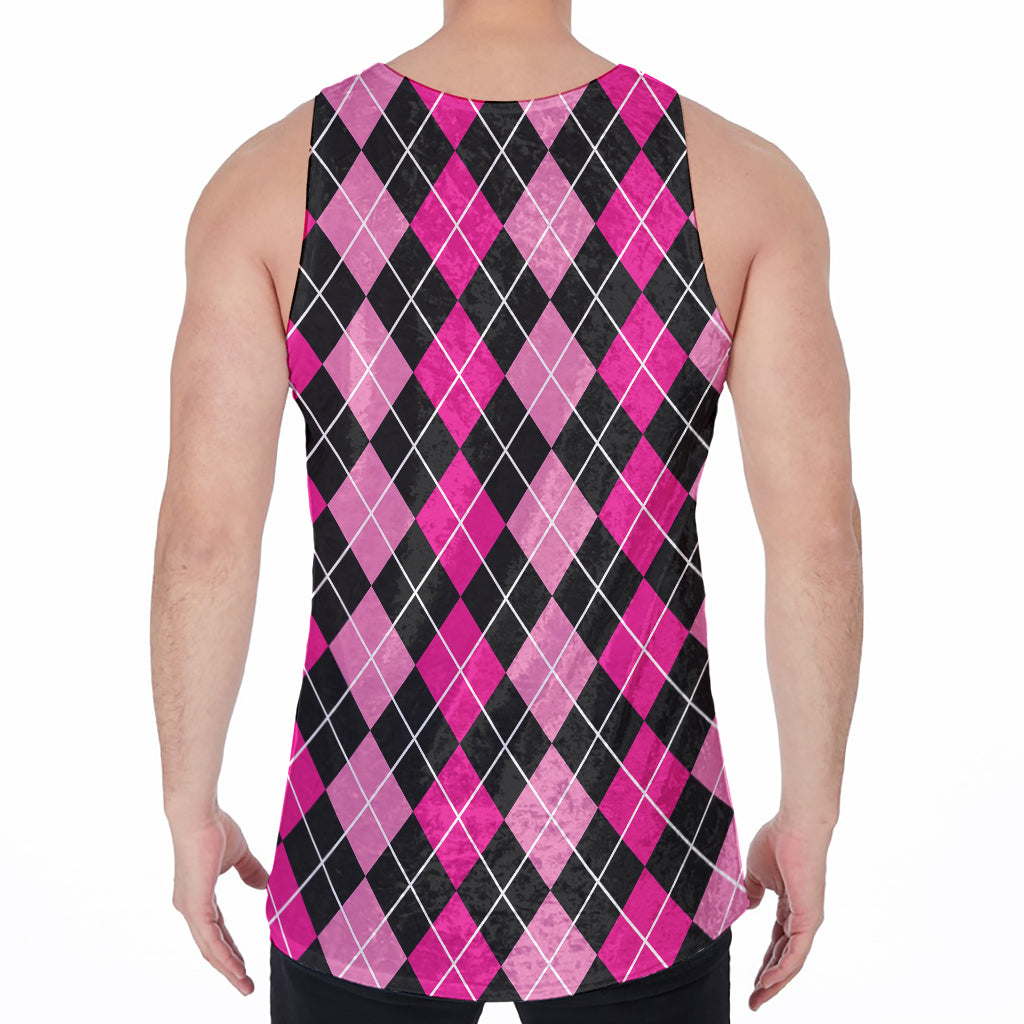 Deep Pink And Black Argyle Pattern Print Men's Velvet Tank Top