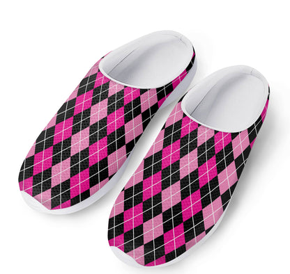 Deep Pink And Black Argyle Pattern Print Mesh Casual Shoes