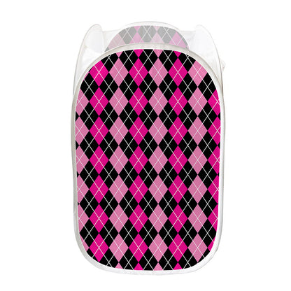 Deep Pink And Black Argyle Pattern Print Mesh Laundry Hamper