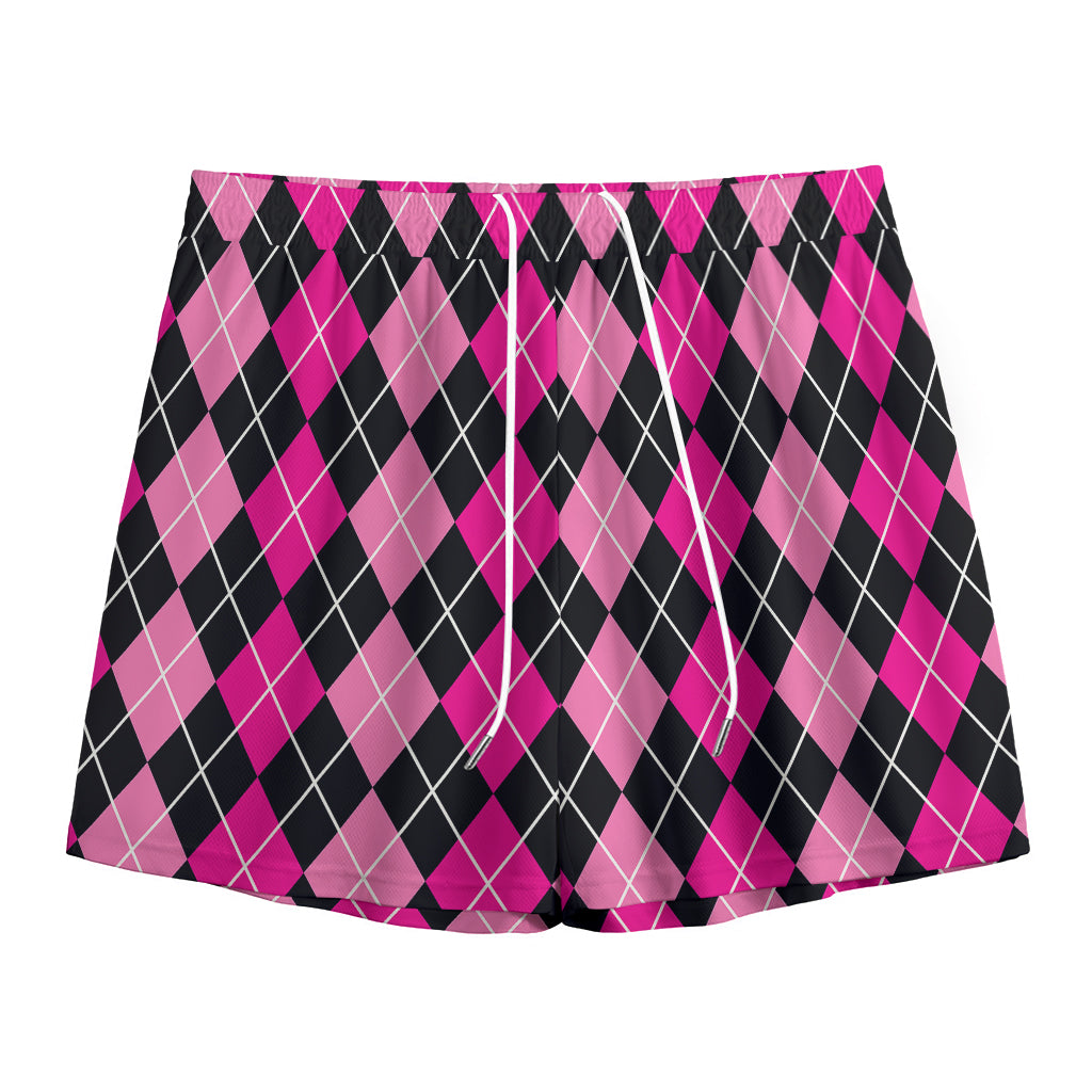 Deep Pink And Black Argyle Pattern Print Mesh Shorts