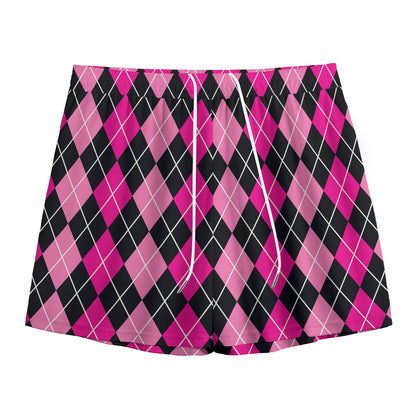 Deep Pink And Black Argyle Pattern Print Mesh Shorts