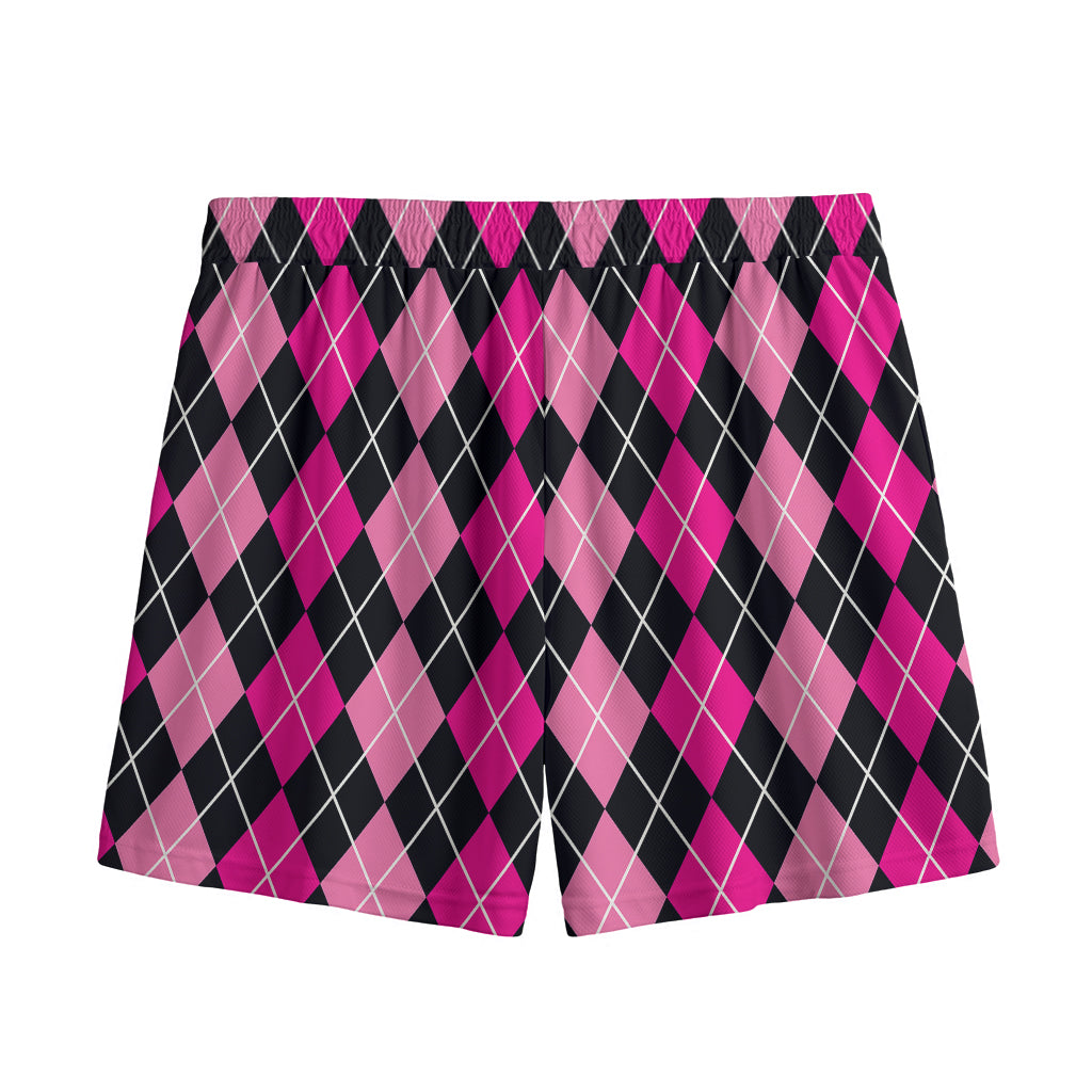Deep Pink And Black Argyle Pattern Print Mesh Shorts