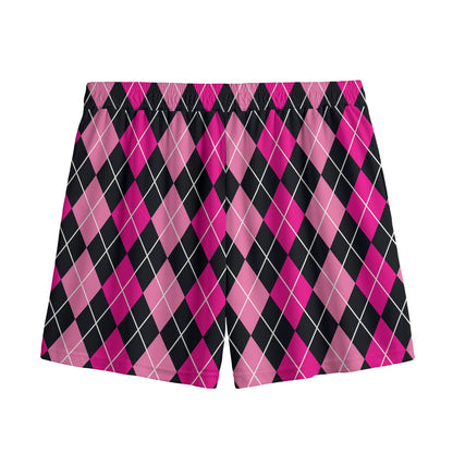 Deep Pink And Black Argyle Pattern Print Mesh Shorts