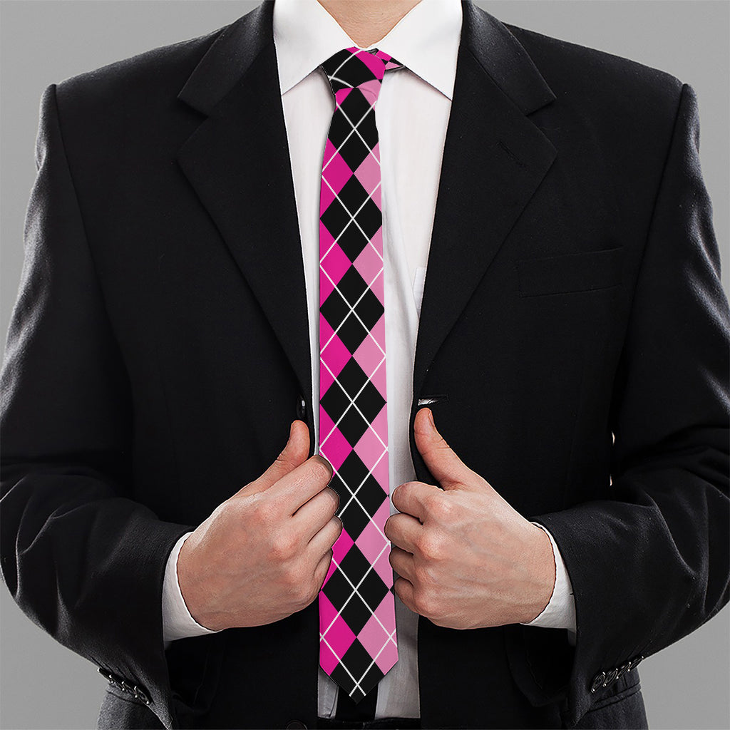 Deep Pink And Black Argyle Pattern Print Necktie