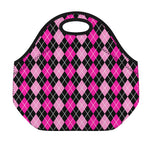 Deep Pink And Black Argyle Pattern Print Neoprene Lunch Bag